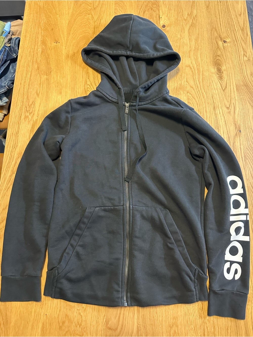 adidas Black womens Full-Zip Hoodie with White Logo Sleeve size M